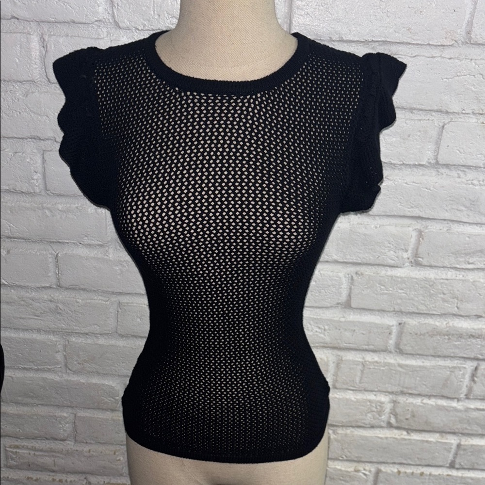 New!Black Mesh Ruffle Sleeve Top size S